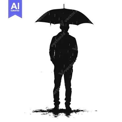 Aset desain premium: Silhouette of a Person Standing in the Rain with an Umbrella