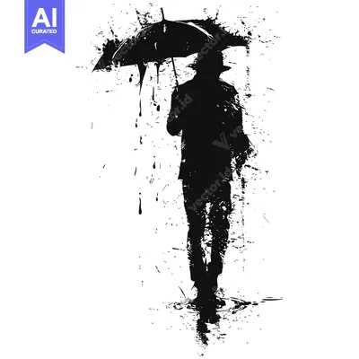 Aset desain premium: Silhouette of a Person Walking in the Rain with an Umbrella