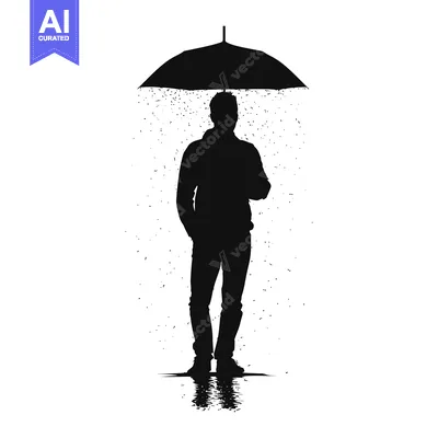 Aset premium populer: Silhouette of a Man Standing Under an Umbrella in the Rain
