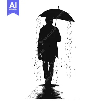 Silhouette of a Person Walking in the Rain with an Umbrella