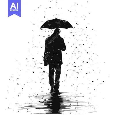 Silhouette of a Person Holding an Umbrella in the Rain