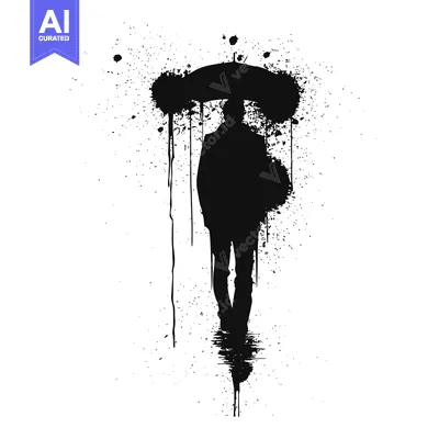 Aset premium populer: Silhouette of a Man Walking Under an Umbrella with Splashes of Ink