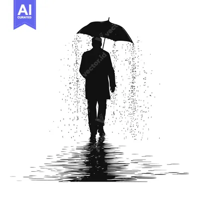 Aset premium populer: Silhouette of a Man Walking in the Rain with an Umbrella