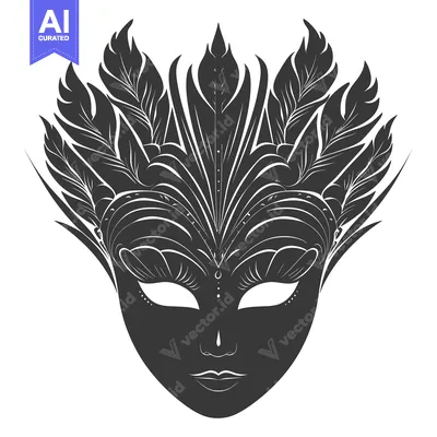 Premium design asset: Intricate Black and White Ornate Mask with Feather-Like Design