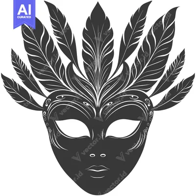 Aset desain premium: Black and White Ornate Venetian Carnival Mask with Feathers