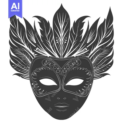 Aset desain premium: Black and White Ornate Venetian Mask with Feather Detail