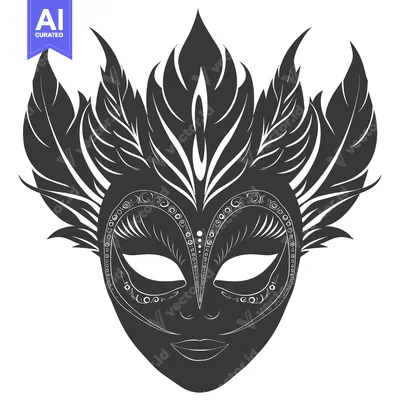 Aset desain premium: Ornate Black and White Venetian Carnival Mask with Feathers