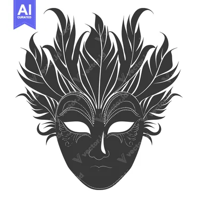 Aset desain premium: Black and White Feathered Carnival Mask with White Eyes