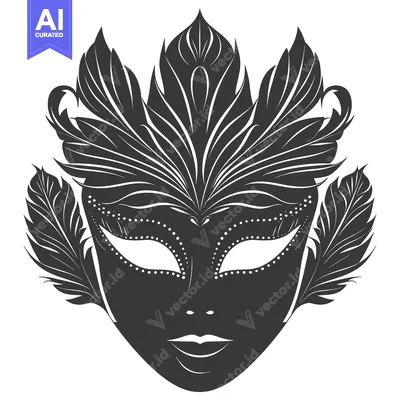 Aset desain premium: Ornate Black and White Carnival Mask with Feathers