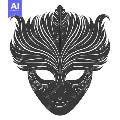 Aset desain premium: Black and White Ornate Venetian Carnival Mask with Feather Detail