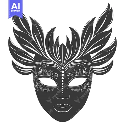 Aset desain premium: Ornate Black and White Carnival Mask with Feathery Details