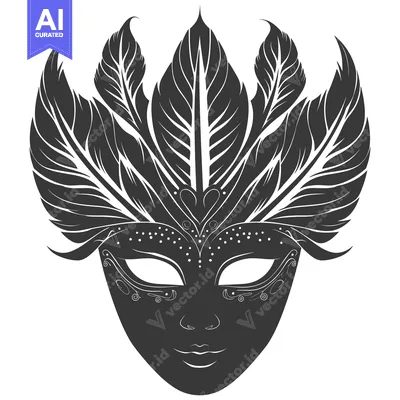 Aset desain premium: Black and White Ornate Venetian Carnival Mask with Feather Detail