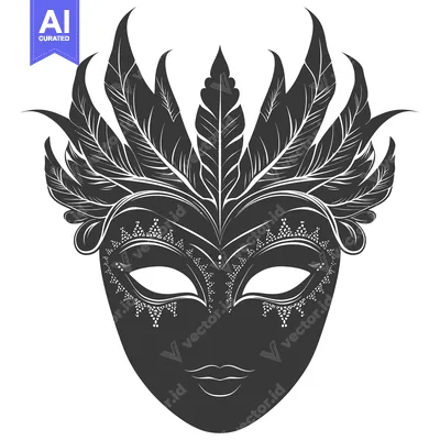 Aset desain premium: Black and White Feathered Carnival Mask with Intricate Design