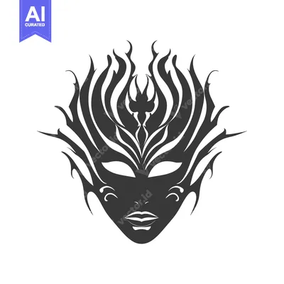 Aset desain premium: A Stylized Black and White Female Mask with Intricate Floral Design