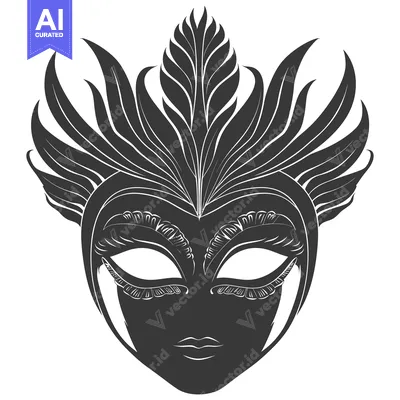 Premium design asset: Black and White Ornamental Masked Face with Feathers