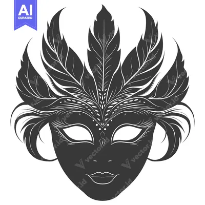 Aset desain premium: Black and White Ornate Carnival Mask with Feathers
