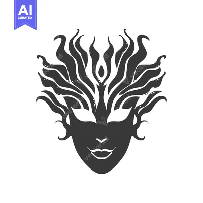 Aset desain premium: Black and White Stylized Mask with Wavy Hair