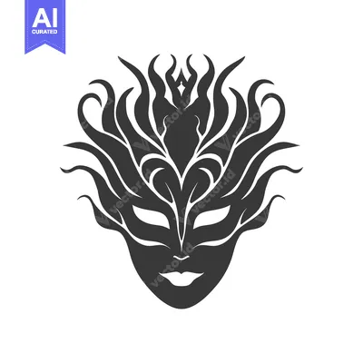Aset desain premium: Black and white stylized mask with floral details