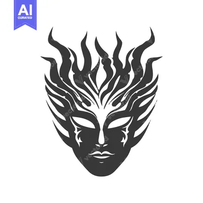 Aset desain premium: Intricate Black and White Mask with Flame-like Detail