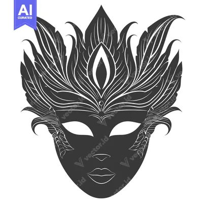 Aset desain premium: Ornate Black and White Masquerade Mask with Feathery Details