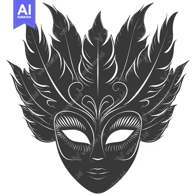 Aset desain premium: A Detailed Black and White Illustration of a Feathered Venetian Mask