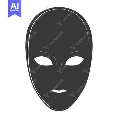 Aset desain premium: A Black and White Illustration of a Simple Mask with White Eyes and Li