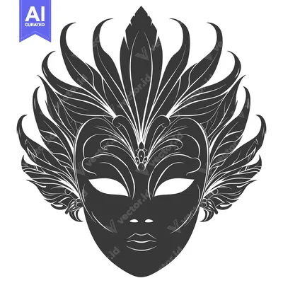 Aset desain premium: Intricate Black and White Carnival Mask with Feathery Detail