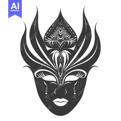 Aset desain premium: Ornate Black and White Mask with Detailed Floral Designs