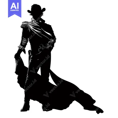 Aset premium populer: Silhouette of a Man in a Wide-Brimmed Hat and a Cape