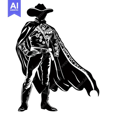 Premium design asset: Silhouette of a Cowboy in a Wide-Brimmed Hat and Flowing Cape