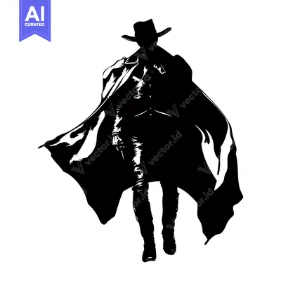 Aset desain premium: Silhouette of a Man in a Cowboy Hat and a Long Cloak