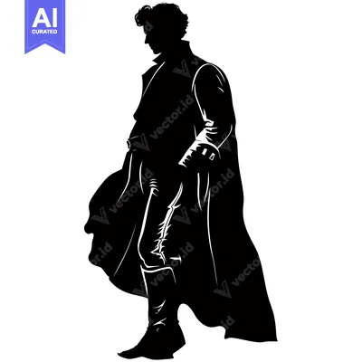 Premium design asset: Silhouette of a man in a long coat, walking with his head down