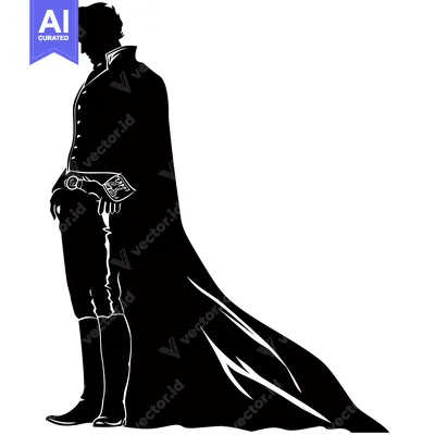 Aset desain premium: Silhouette of a man wearing a coat and cape