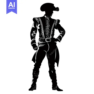 Aset desain premium: Silhouette of a Man in a Wide-Brimmed Hat and Elaborate Clothing