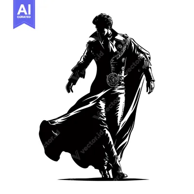 Aset desain premium: Silhouette of a man in a long coat and hat, standing with one leg rais