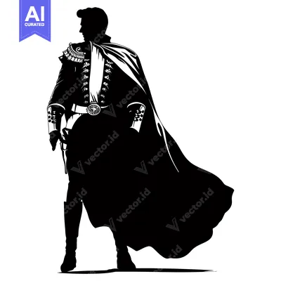 Aset desain premium: Silhouette of a Man in a Long Cape and Elaborate Uniform