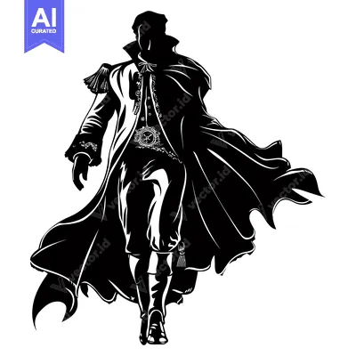 Aset desain premium: Silhouette of a Man in a Long Coat and Cape