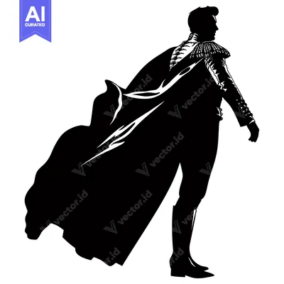 Aset desain premium: Silhouette of a Man in a Cape, Standing with His Back to the Viewer