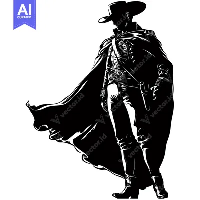 Aset desain premium: Silhouette of a Man in a Cowboy Hat and Cape