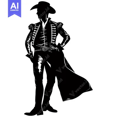 Download Silhouette of a Cowboy with a Wide-Brimmed Hat and a Cape Vector Graphic