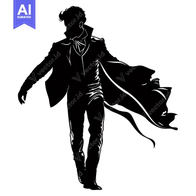 Aset desain premium: Silhouette of a Man in a Long Coat Walking