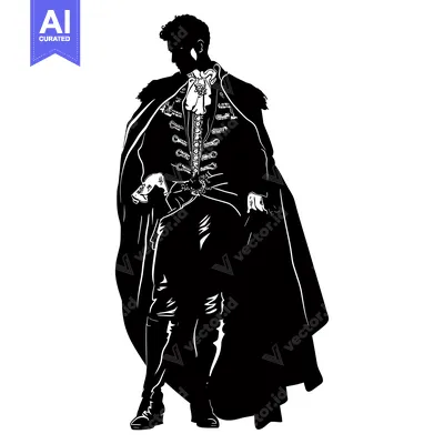 Aset desain premium: A Silhouette of a Man in a Long Coat and Elaborate Clothing