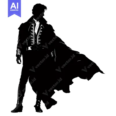 Aset desain premium: Silhouette of a Man in a Long Coat and Cape