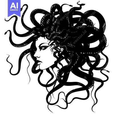 Aset desain premium: A black and white silhouette of Medusa with snakes for hair.