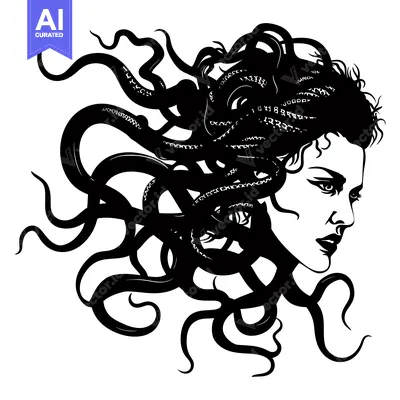 Aset desain premium: A black and white silhouette of Medusa, a mythical Greek Gorgon with s