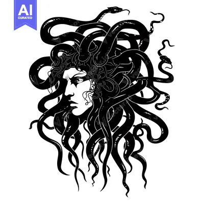 Premium design asset: Black and White Illustration of Medusa with Snakes for Hair