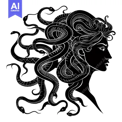 Premium design asset: A Black and White Silhouette of Medusa, a Gorgon with Snakes for Hair