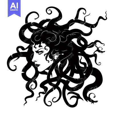 Popular premium asset: Black and white illustration of Medusa with snakes for hair