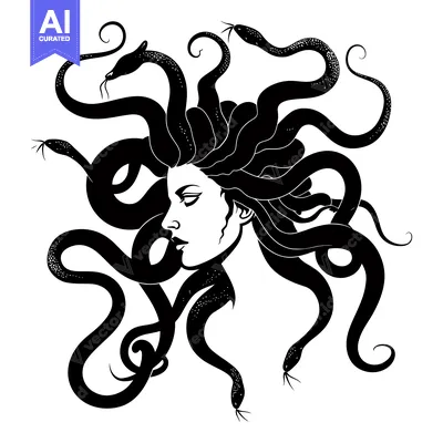 Premium design asset: A Black and White Illustration of Medusa with Snakes for Hair