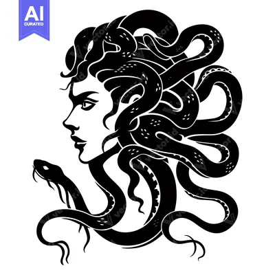 Aset premium populer: A black and white illustration of Medusa, the Gorgon with snakes for h